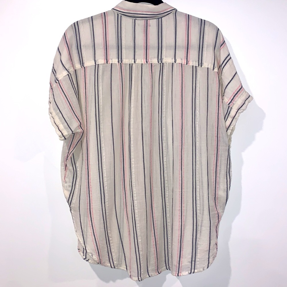 2/$14 Aerie Button Down Short Sleeve Striped Blouse Cream w/ Blue & Pink Stripe - Picture 6 of 8